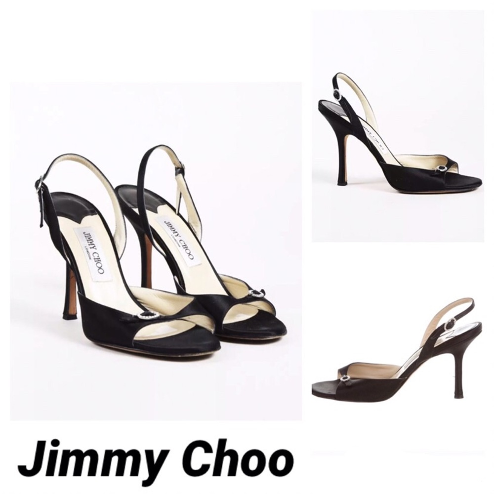 Jimmy Choo Black Satin Embellished Slingback Heels